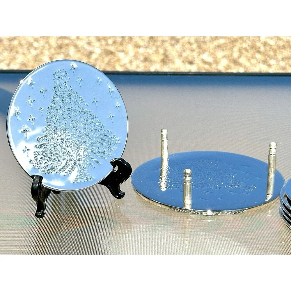 7 Piece Vintage Silverplate Christmas Tree Coasters 1 Base 6 Coasters New in Box